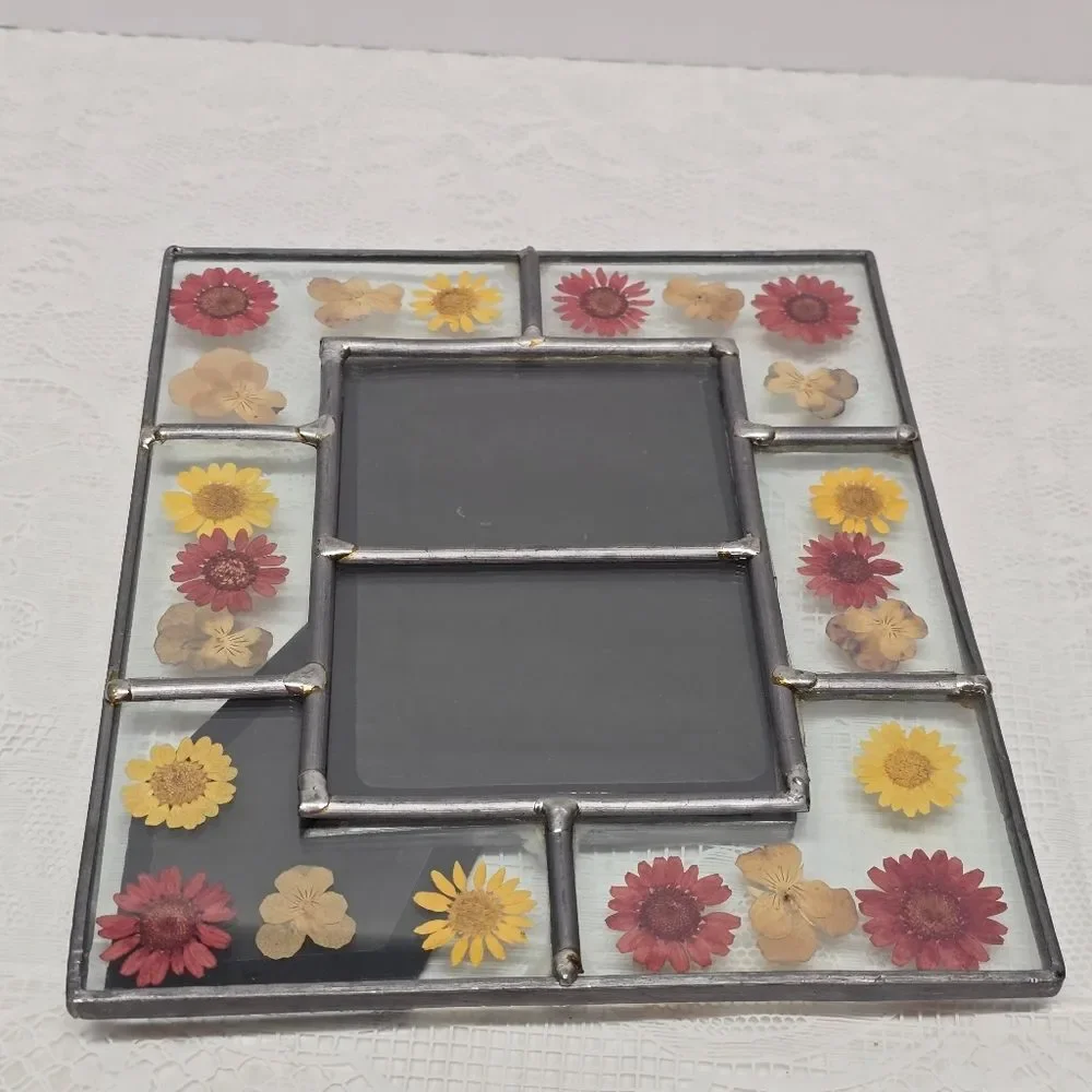 Vintage Stained Glass Pressed Dried Flowers  Picture Frame Cottage Summer Boho